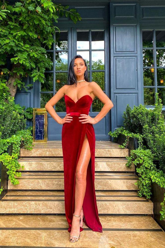 Velvet Sweetheart Front Split Evening Party Gowns Sleeveless Formal Dresses