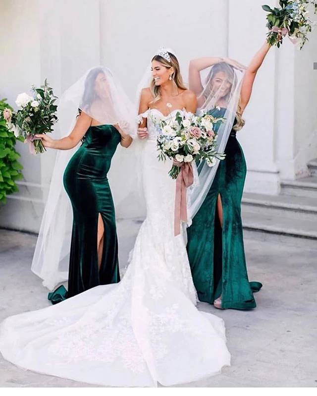 Baoleely Sweetheart Emerald Green Velvet Bridesmaid Dresses High Thigh Slit