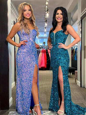 Velvetia | Vestidos largos de fiesta con lentejuelas brillantes, escote en V y abertura