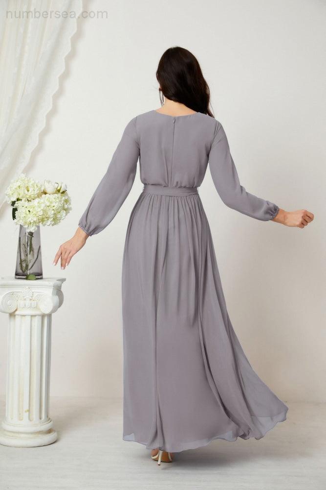 Baoleely Elegant Long Sleeve Grey Chiffon Maxi Dress with Flowing Skirt and Back Button Detail