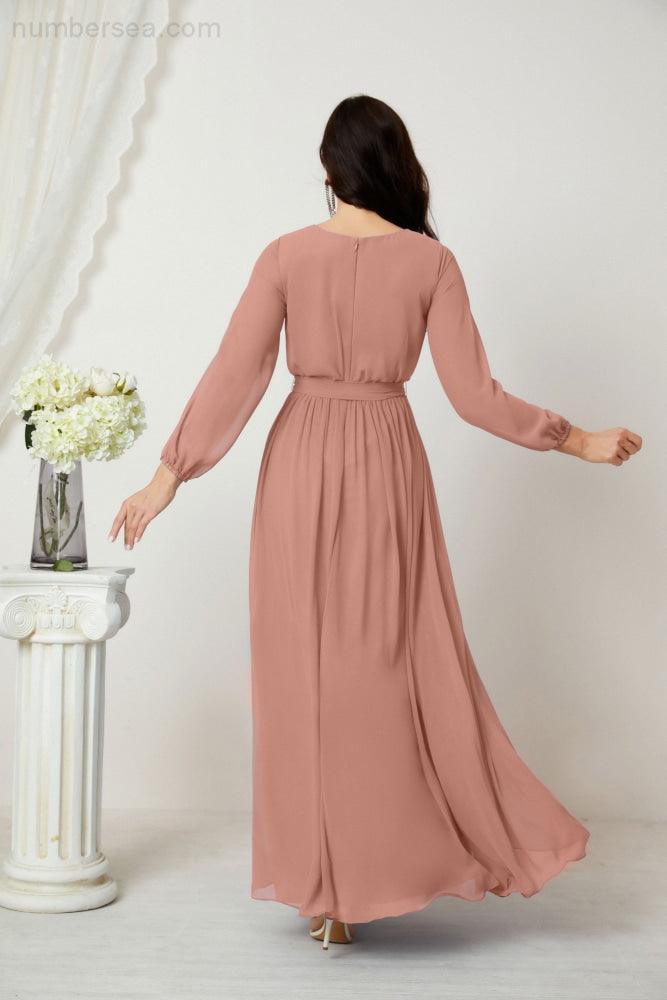 Baoleely Long Sleeve Maxi Dress in Rose Pink with Flowing Skirt and Elegant Back Design