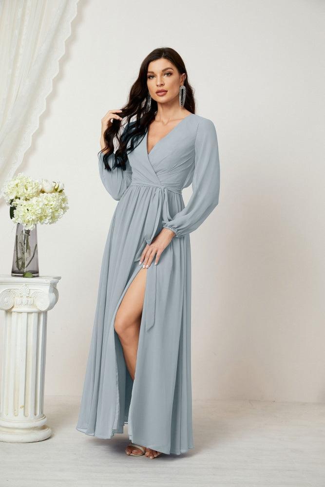 Baoleely Elegant Light Blue Maxi Dress with Long Sleeves and Slit for Formal Occasions