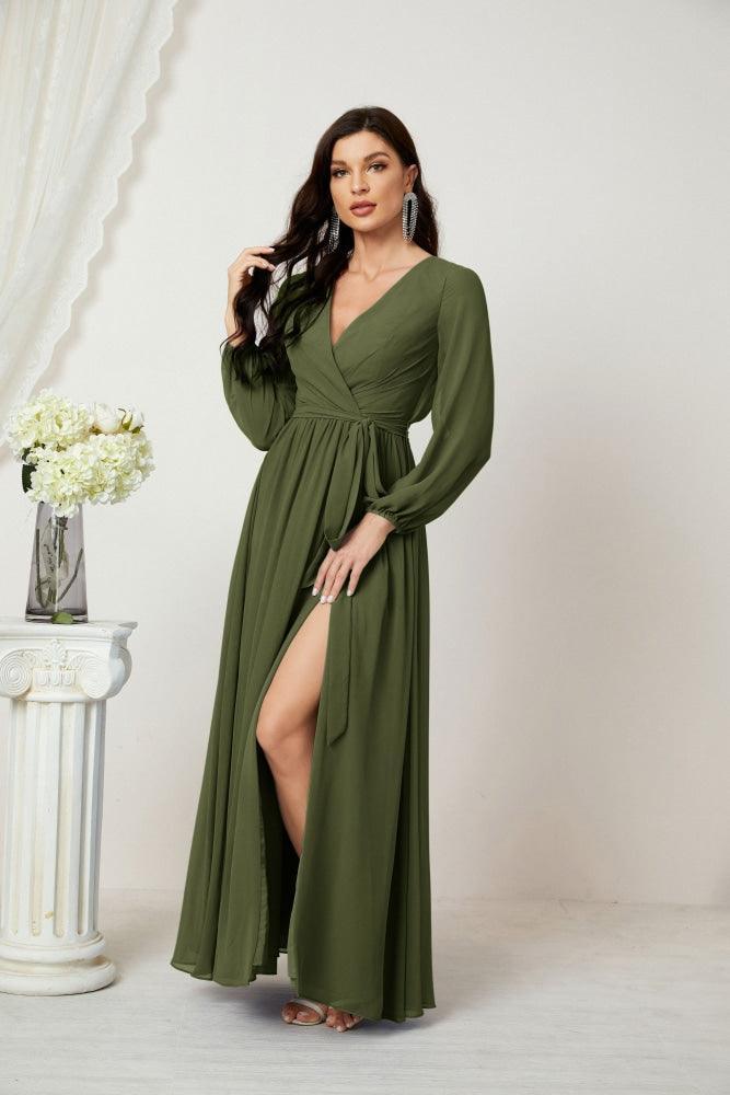 Baoleely Green Maxi Dress with Split Skirt and Long Sleeves for Elegant Occasions