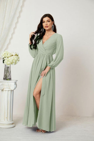 Baoleely Elegant Mint Green Maxi Dress with Long Sleeves and Stylish Slit