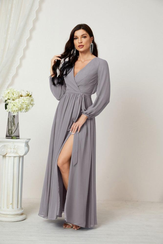 Baoleely Elegant Grey Maxi Dress with Long Sleeves and Side Slit for Special Occasions