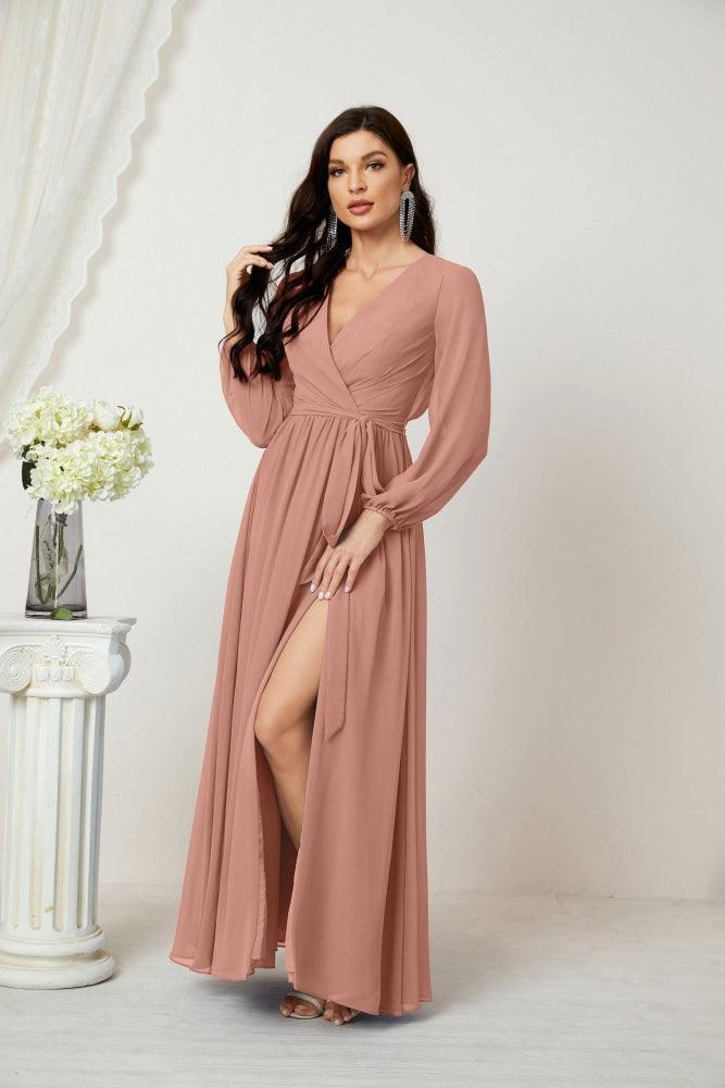 Baoleely Elegant Blush Pink Maxi Dress with Long Sleeves and High Slit for Special Occasions