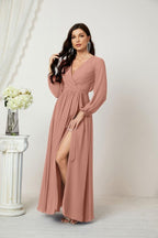 Baoleely Elegant Blush Pink Maxi Dress with Long Sleeves and High Slit for Special Occasions