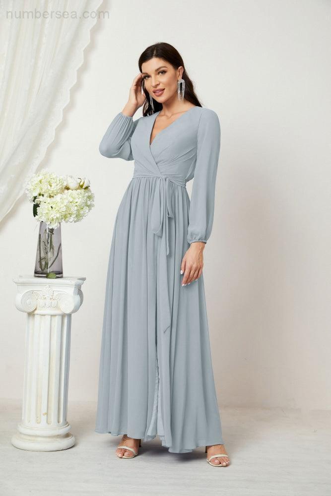 Baoleely Elegant Grey Maxi Dress with Long Sleeves and Wrap Style for Formal Events
