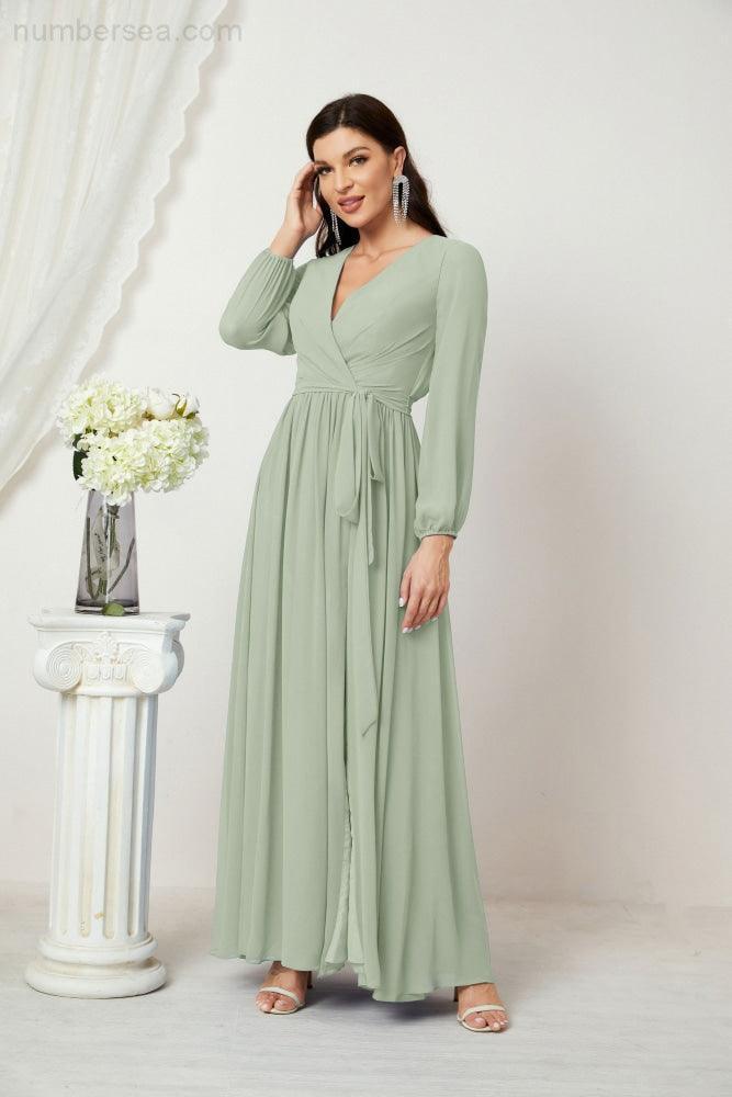 Baoleely Elegant Long Sleeve Maxi Dress in Soft Green with a Wrap Design and Flowy Skirt