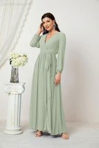 Baoleely Elegant Long Sleeve Maxi Dress in Soft Green with a Wrap Design and Flowy Skirt
