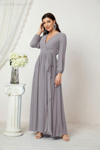 Baoleely Elegant Grey Maxi Dress with Long Sleeves and Waist Tie for Formal Events
