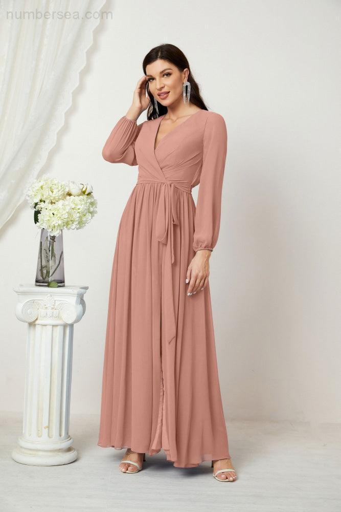 Baoleely Elegant Long-Sleeve Maxi Dress in Blush Pink with Wrap Front Design and Waist Tie