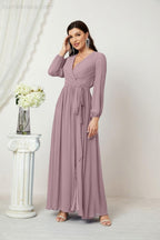 Baoleely Elegant Long Sleeve Wrap Dress in Mauve with a Flowing Skirt and Tie Waist for Formal Occasions