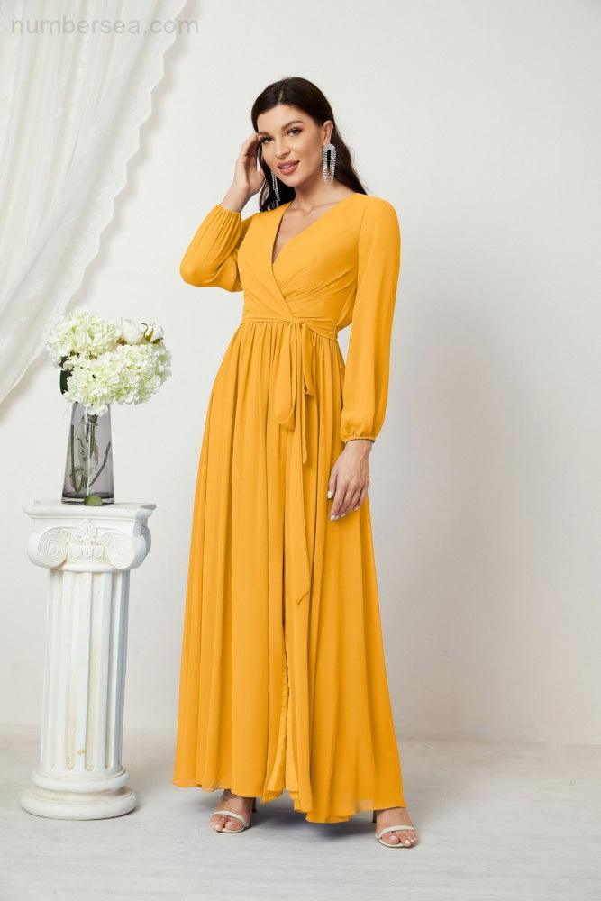 Baoleely Women's Long Sleeve Yellow Maxi Dress with Waist Tie for Elegant Events