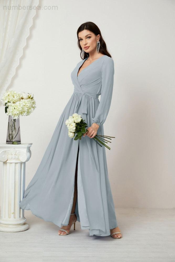 Baoleely Light Blue Maxi Dress with Long Sleeves and V-Neckline for Elegant Occasions