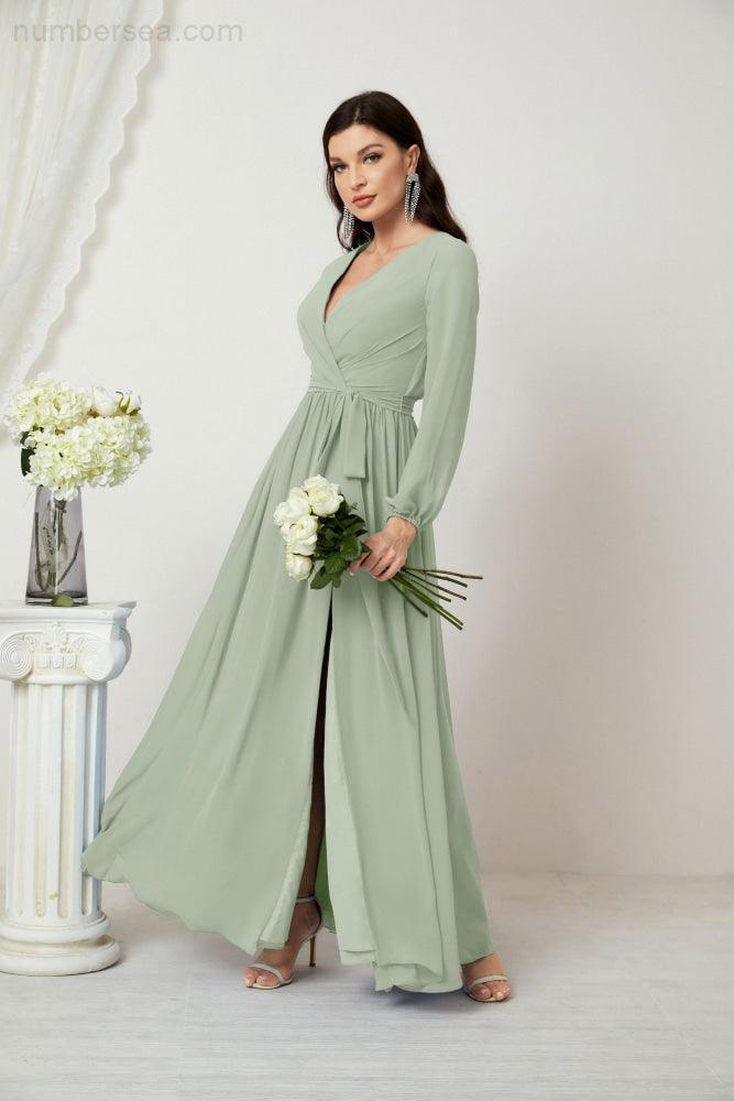 Baoleely Elegant Sage Green Maxi Dress with Long Sleeves and a Flattering Wrap Design