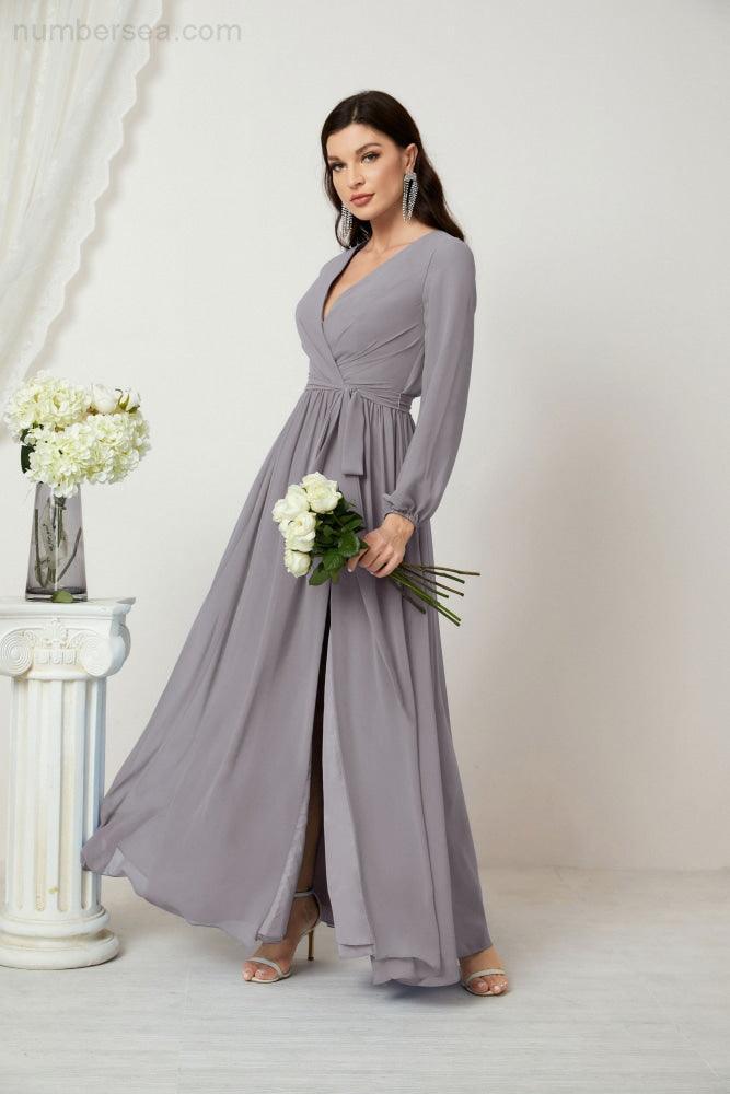 Baoleely Elegant Grey Long Sleeve Maxi Dress with Stylish V-Neck and Flowing Skirt