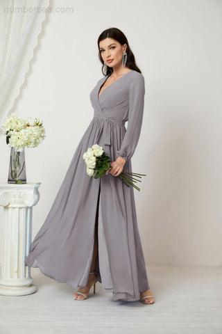 Baoleely Elegant Grey Long Sleeve Maxi Dress with Stylish V-Neck and Flowing Skirt