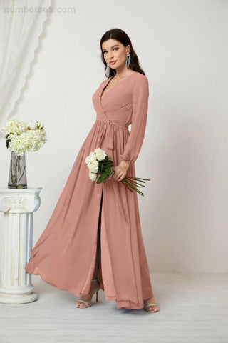 Baoleely Long Sleeve Blush Pink Maxi Dress with a V-Neck and Elegant Slit for Special Occasions