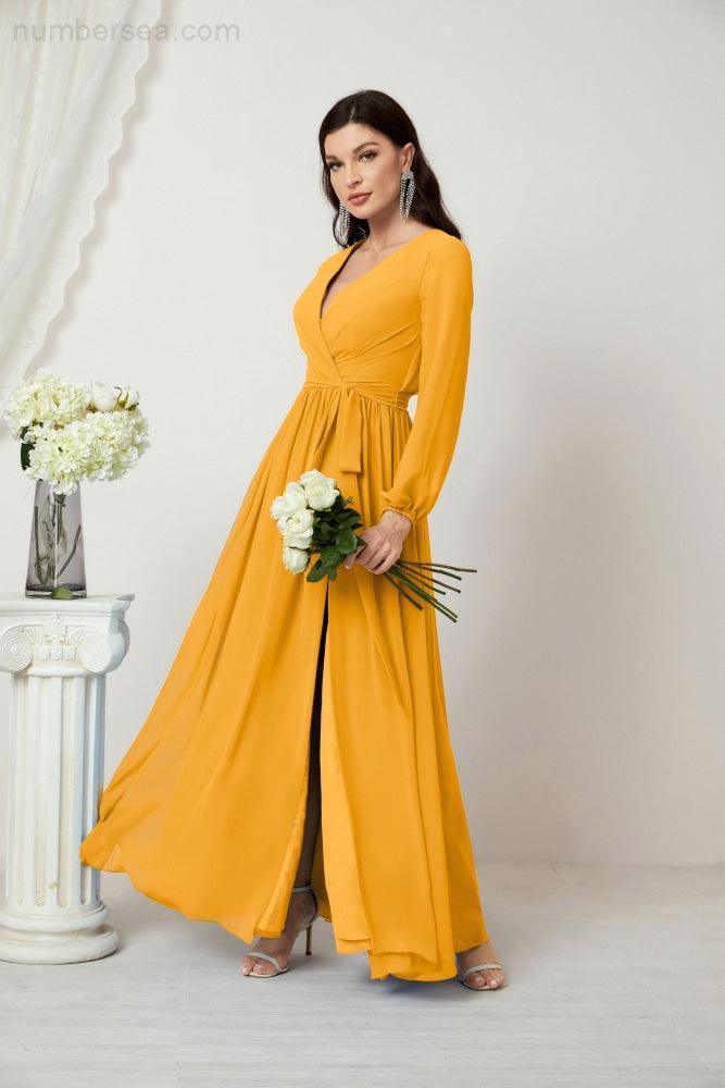 Baoleely Elegant Yellow Maxi Dress with Long Sleeves and V-Neck for Formal Events