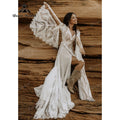 Robe de mariée bohème en dentelle style bohème, manches longues, dos nu, fendue sur le côté, pour femme, col en V
