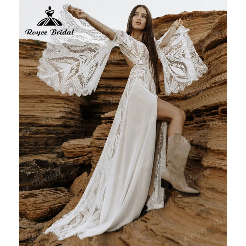 Robe de mariée bohème en dentelle style bohème, manches longues, dos nu, fendue sur le côté, pour femme, col en V