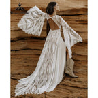 Robe de mariée bohème en dentelle style bohème, manches longues, dos nu, fendue sur le côté, pour femme, col en V