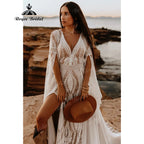 Robe de mariée bohème en dentelle style bohème, manches longues, dos nu, fendue sur le côté, pour femme, col en V