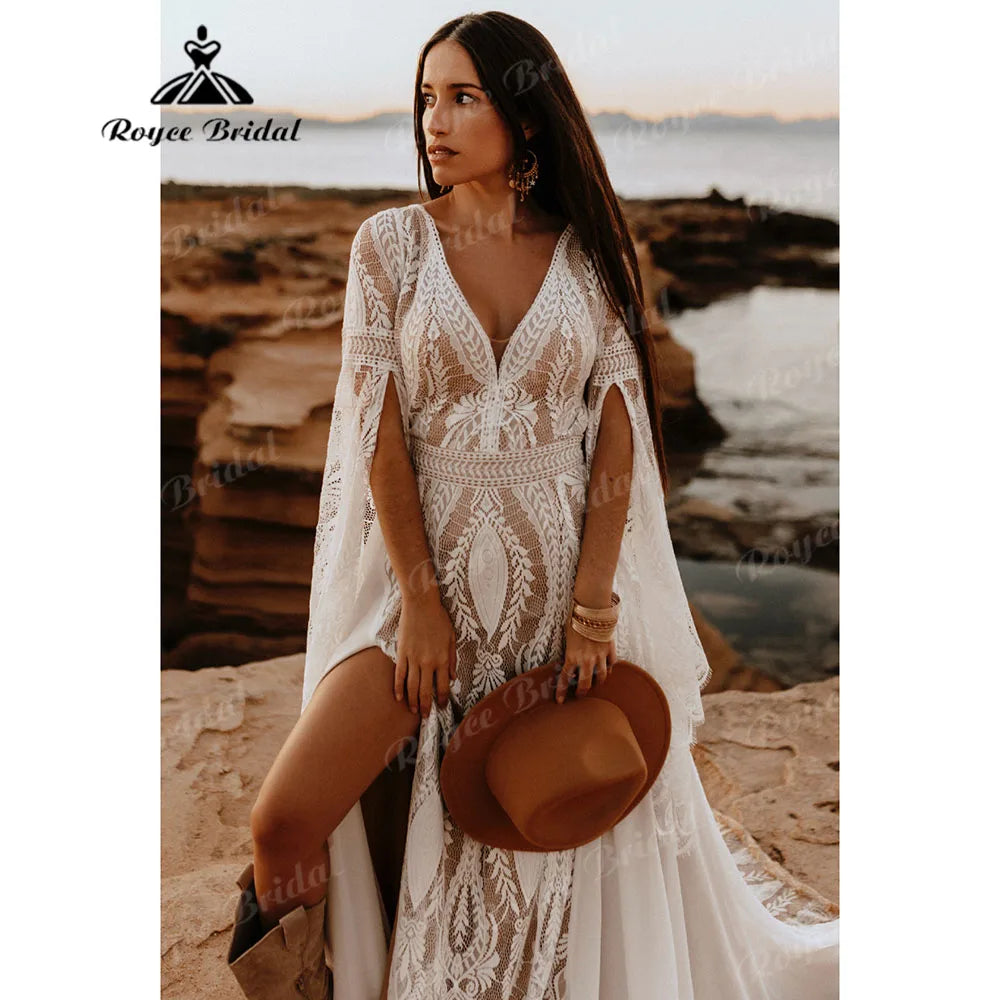 Robe de mariée bohème en dentelle style bohème, manches longues, dos nu, fendue sur le côté, pour femme, col en V