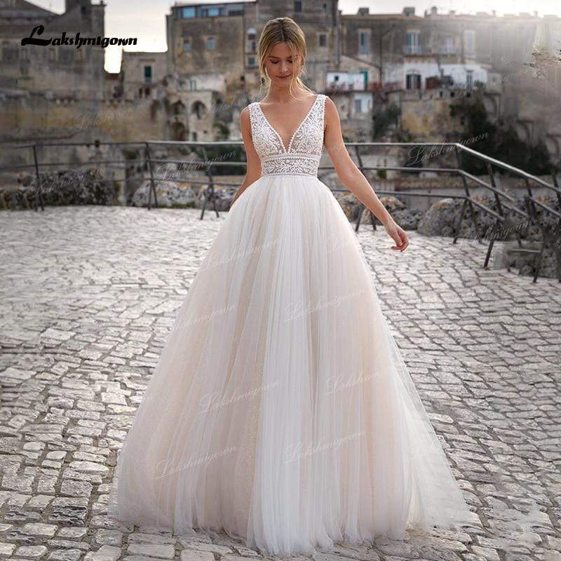 Baoleely vestido de novia Summer Beach A-Line Princess Wedding Dresses boho chic lace V-neckline White Bridal Gown Abito da sposa