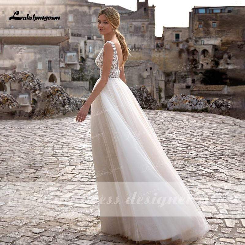 Baoleely vestido de novia Summer Beach A-Line Princess Wedding Dresses boho chic lace V-neckline White Bridal Gown Abito da sposa