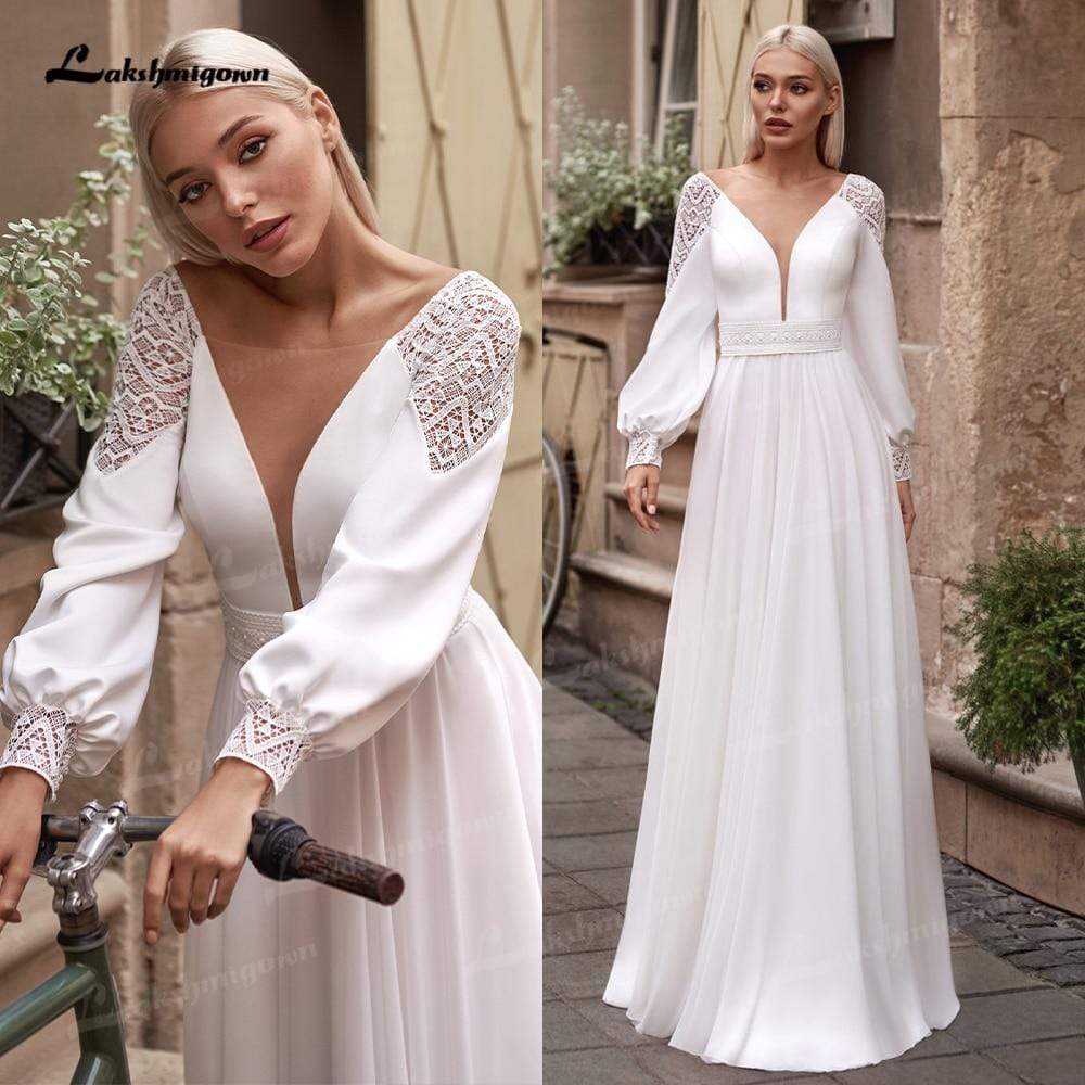 Baoleely Vestidos Simple Boho Long Sleeve Wedding Dresses V Neck Robe Longue Beach Chiffon A-Line Wedding Gowns vestido de novia