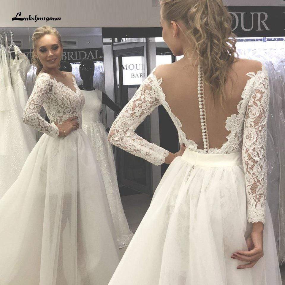 Baoleely Vintage 2 Pieces Wedding Dress Lace Bodice Backless