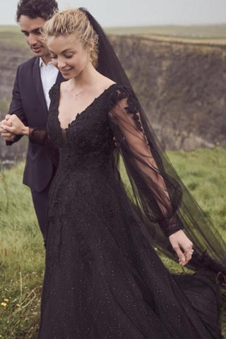 Vestidos de novia vintage negros de corte A con escote en V y mangas largas