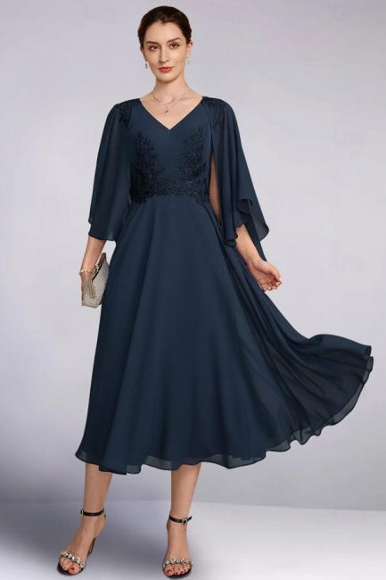 Vestido vintage de corte A, de gasa, con escote en V, para la madre de la novia; vestidos de dama de honor de manga larga con apliques.