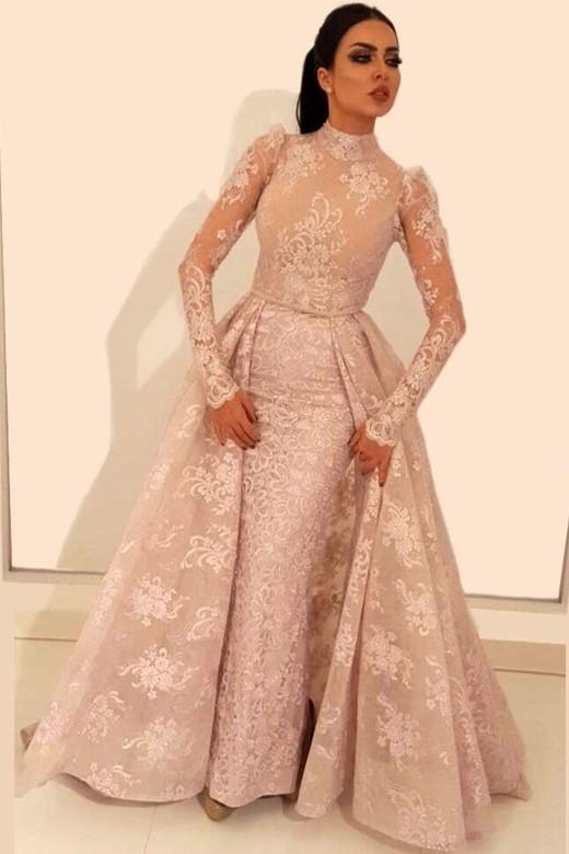 Vintage A-Line Lace Prom Dresses High-Neck Long Sleeves Detachable Skirt Evening Dresses