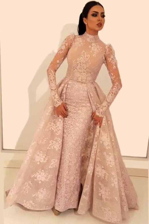 Vintage A-Line Lace Prom Dresses High-Neck Long Sleeves Detachable Skirt Evening Dresses