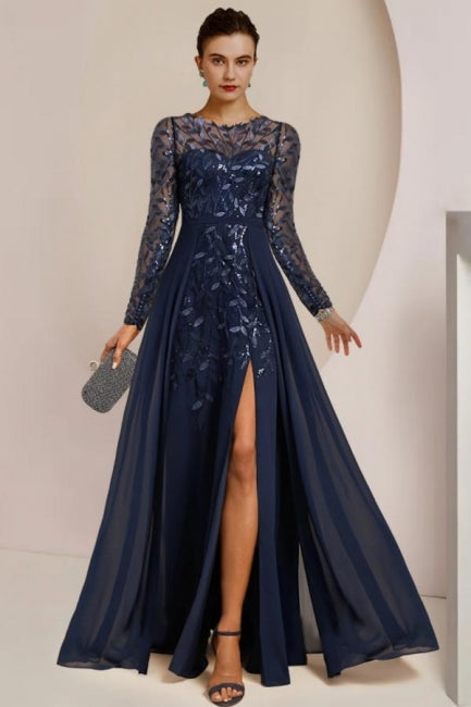 Vestido vintage de encaje corte A para la madre de la novia, con escote redondo y manga larga para damas de honor, con apliques.