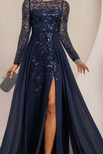 Vestido vintage de encaje corte A para la madre de la novia, con escote redondo y manga larga para damas de honor, con apliques.