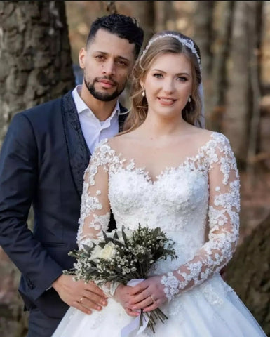 Vestidos de novia vintage de encaje corte A con mangas