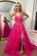 Robe de bal vintage trapèze en tulle, bretelles spaghetti, sans manches, avec appliques, fendue sur le devant