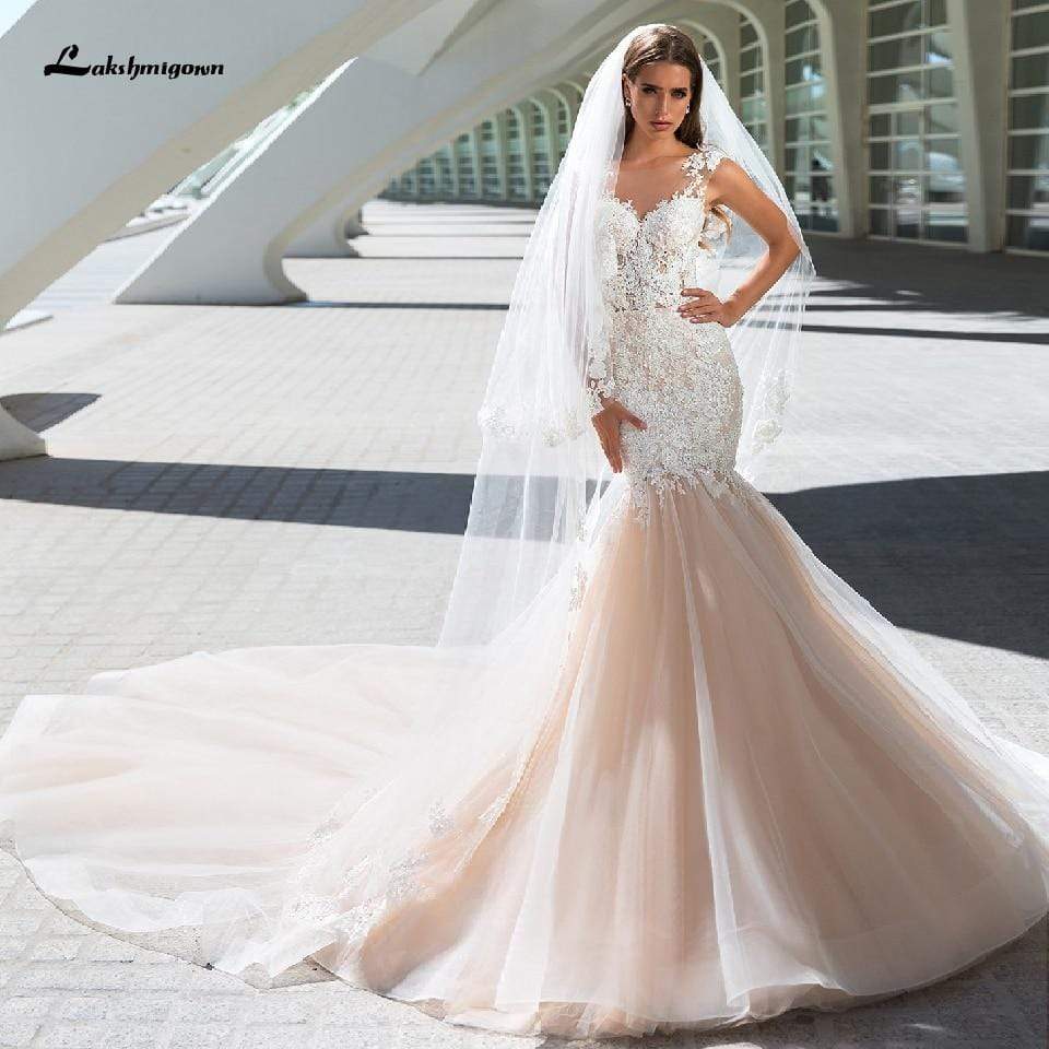 Baoleely Vintage Champagne Wedding Dress Mermaid Style White Lace Appliques