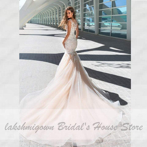 Vestido de novia vintage color champán Baoleely, estilo sirena, con apliques de encaje blanco