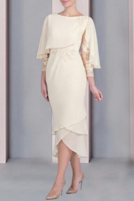Vestido vintage de columna para la madre de la novia, vestidos de dama de honor con encaje, escote redondo y mangas casquillo con apliques
