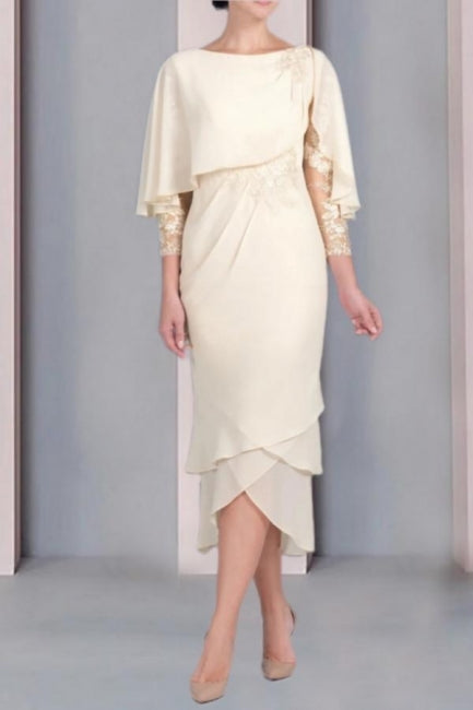 Vestido vintage de columna para la madre de la novia, vestidos de dama de honor con encaje, escote redondo y mangas casquillo con apliques