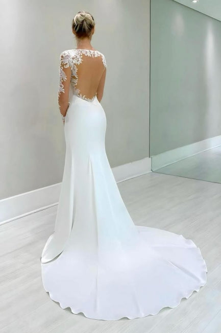 Robe de mariée blanche vintage en satin et dentelle, manches longues, ornée d'appliqués