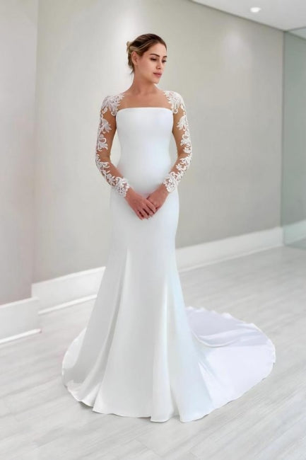 Robe de mariée blanche vintage en satin et dentelle, manches longues, ornée d'appliqués