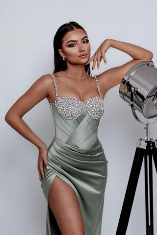 Charming Column Satin One Shoulder Sleeveless Green Prom Dress With Split Front