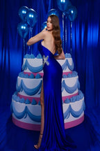 Robe de bal bleue vintage en satin à col en V sans manches avec volants et fente