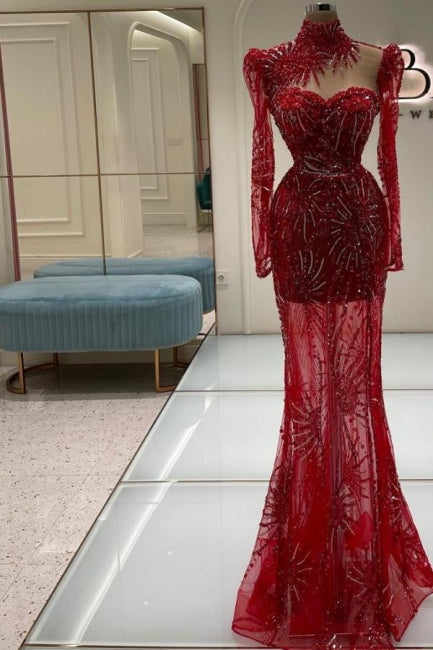 Vestido de fiesta rojo vintage de corte columna, tul, escote corazón, manga larga y apliques